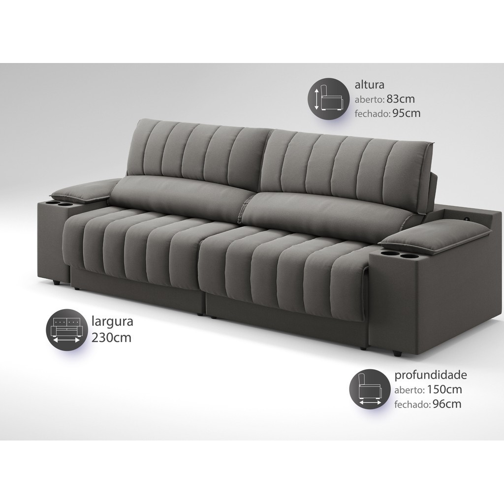 Detalhes do Sofá com Porta Copos Carregador USB Ret Rec Murano 2,30m Velosuede Cinza - NETSOFAS