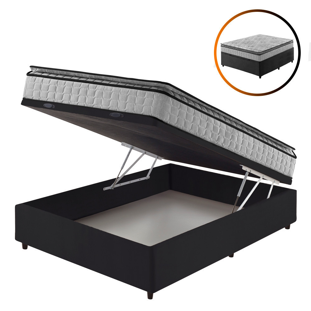 Cama Box Baú Casal Preto + Colchão Ortopédico Espuma D33 Pillow Top Hanover One 138x188x64cm - Home & Living