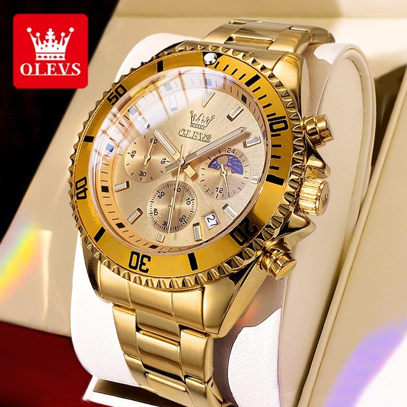 [OLEVS 2870 Relógio Masculino De Luxo À Prova D'água Cronógrafo Original Gold Sport Silver Black Steel Quartz