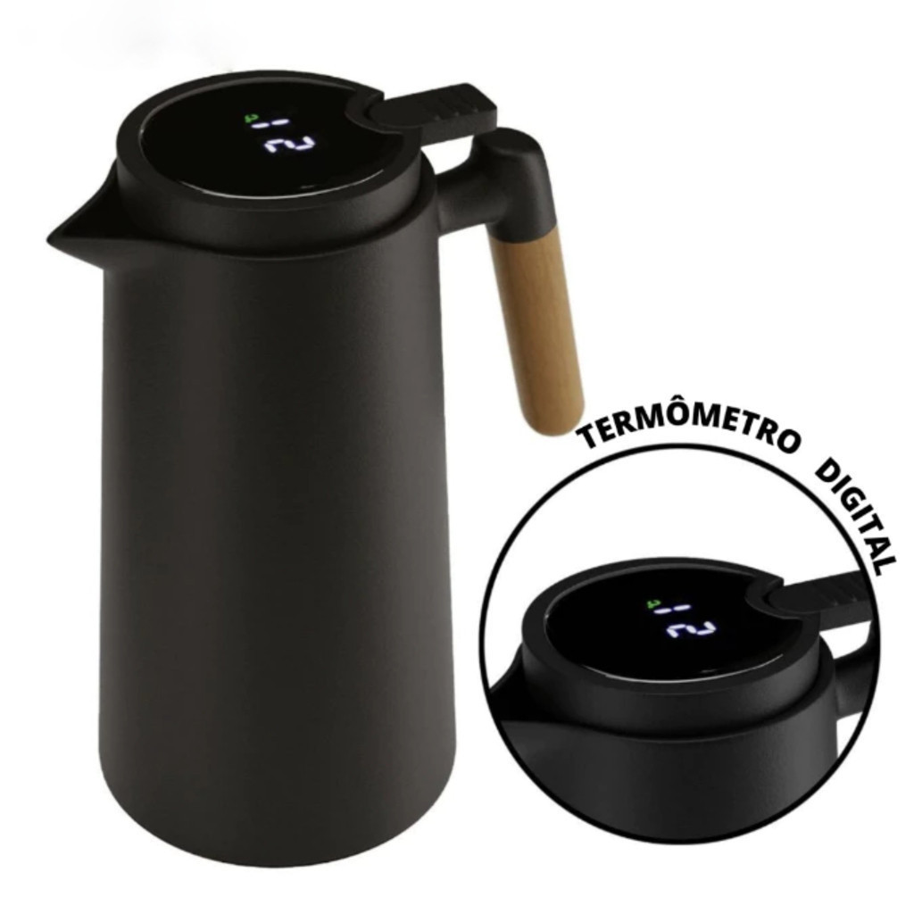 Garrafa Térmica Termometro Digital 1L Café Chá Nórdica Com Cabo Madeira em Oferta na Shopee