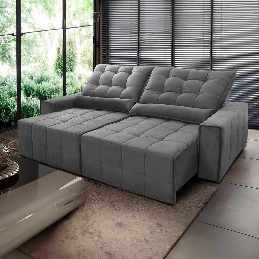Sofá Retrátil Reclinável Alaska 2,70m Suede Velut Cinza  Molas no Assento - King House - Home & Living