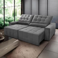 Sofá Retrátil Reclinável Alaska 2,70m Suede Velut Cinza Molas no Assento - King House