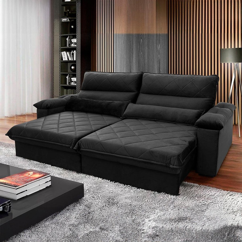 Sofá Retrátil Reclinável Grécia 2,70m Suede Velut Preto  Molas no Assento - King House - Home & Living