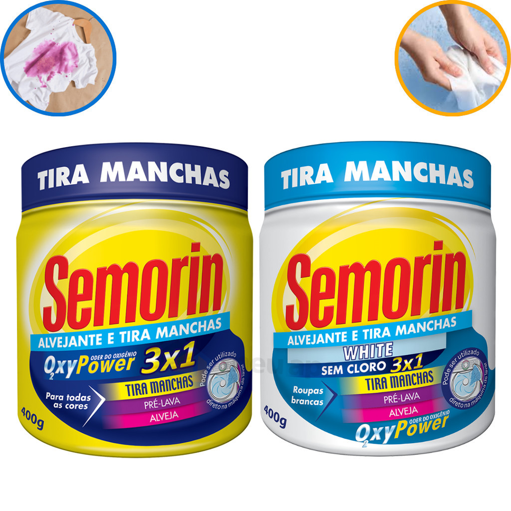 400g Alvejante Tira Manchas Em Pó Roupas Brancas Coloridas Sem Cloro OxyPower Semorin em Oferta na Shopee