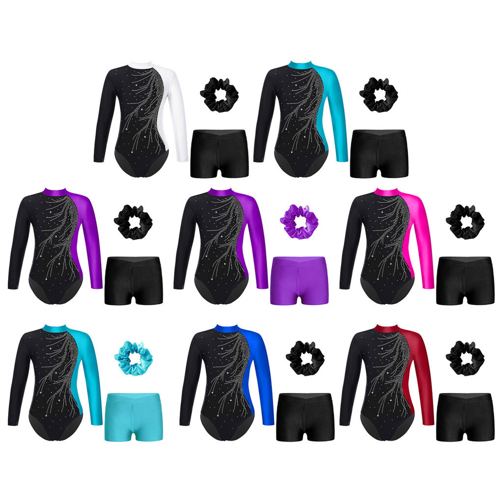 Yeahdor Crianças Meninas Roupa De Dança De Ginástica Manga Longa Strass Brilhante Adornado Buraco De Fechadura Volta Col em Oferta na Shopee
