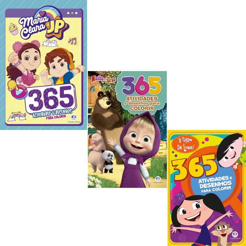 Livro Maria Clara e JP 365 Atividades + Masha e o Urso 365 Atividades e Desenhos +O Show da Luna 365