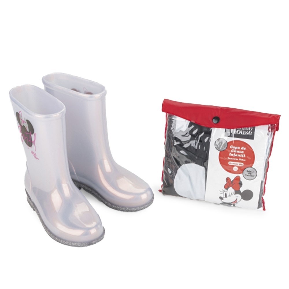 Bota Galocha Infantil Feminina Grendene Minnie Mouse com Capa de Chuva