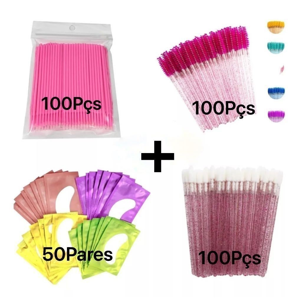 Kit - 100 Escovinhas + 100 Microbrush + 100 Aplicador +KIT 100 Pares de Gel Pads de Batom Alongamento Cilios