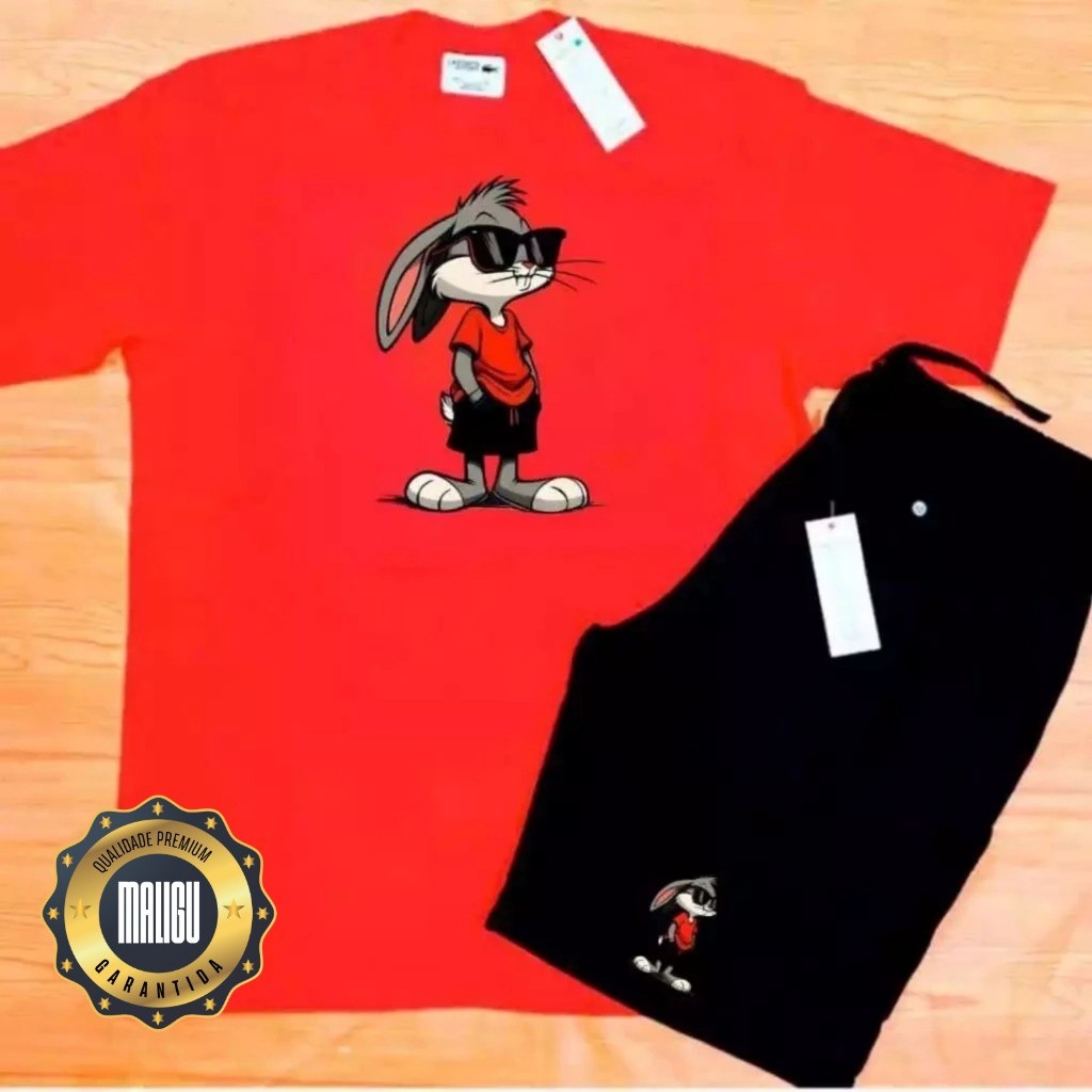 Conjunto Kit camiseta 100% algodão 30,1 bermuda leve para caminhada e academia COELHO ESTILOSO + 2025 fashion