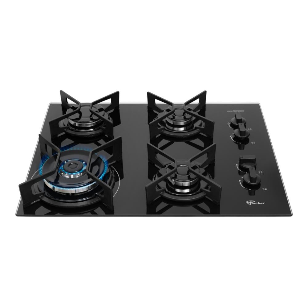 Cooktop 4 Bocas Fischer Fit Line a Gás com Mesa de Vidro Temperado e Tripla Chama Preto Bivolt em Oferta na Shopee