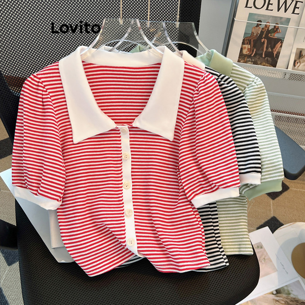 Lovito Camiseta Casual Listrada Com Botão Frontal Para Mulheres LNE37034  (Vermelho/Verde/Preto) - Women Clothes