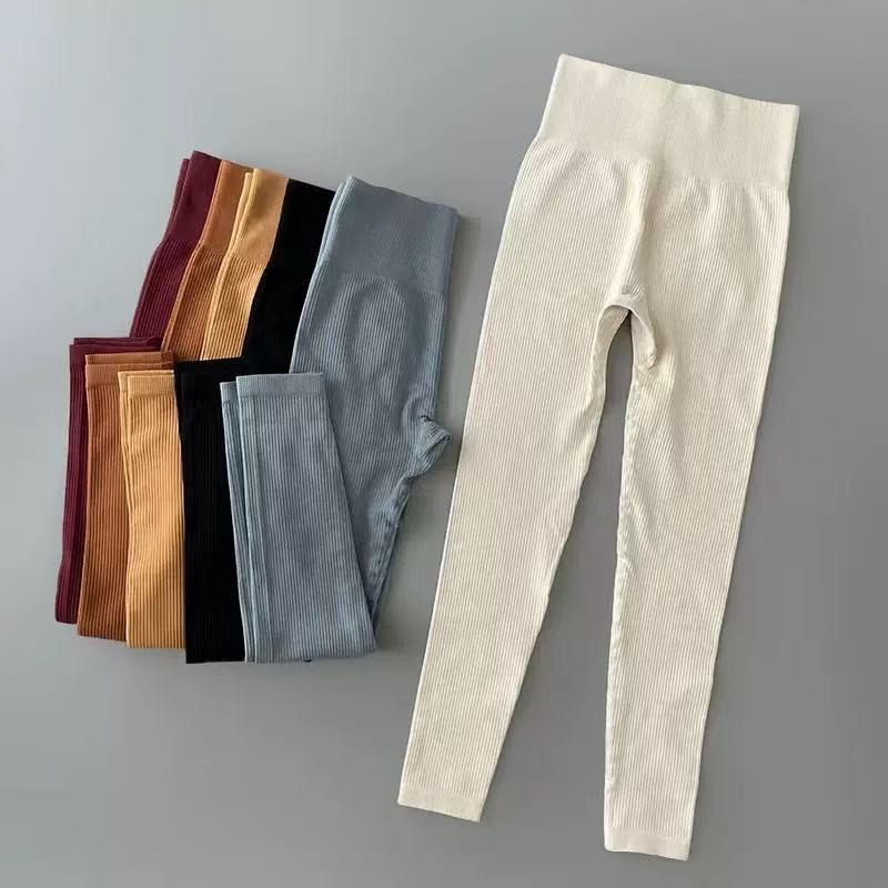 Calça Canelada de Cintura Alta Sem Costura para Academia Feminina, Elástica e Fitness em Oferta na Shopee