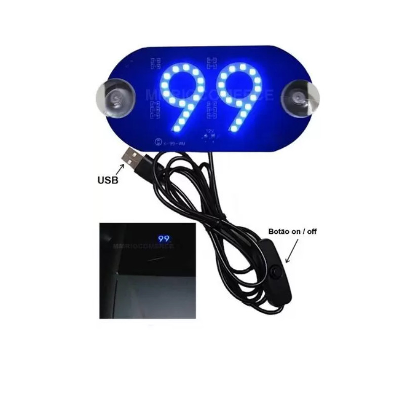 Placa Letreiro Aplicativo 99 Letreiro Luminoso Led USB Com Botão Liga/desliga Luz Azul - LUATEK