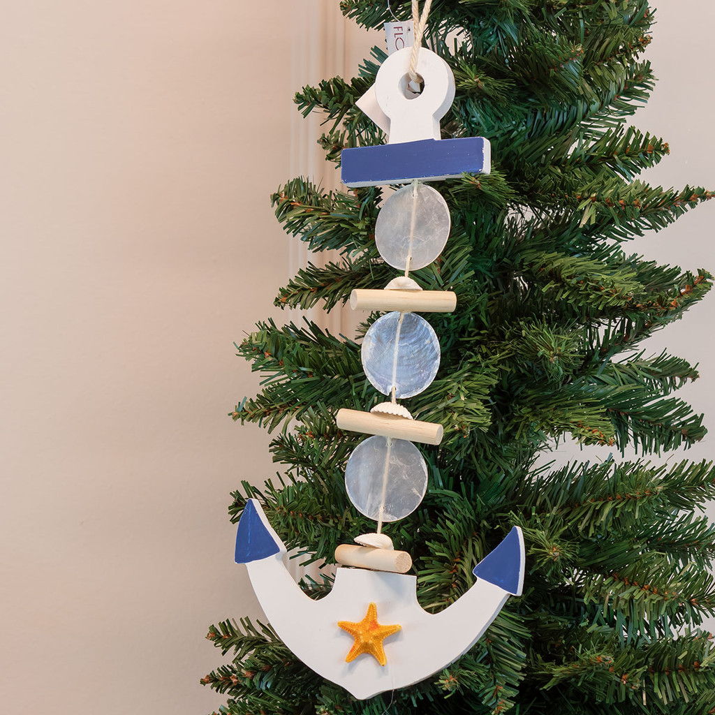 Enfeite Natal Ancora Pendurar (Azul Branco) 38x16,5cm (Florarte)