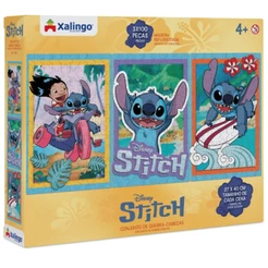 QUEBRA CABEÇA STITCH 300 PEÇAS 3X100 CENA MADEIRA REFLORESTADA XALINGO LILO DISNEY FILME PUZZLE AZUL