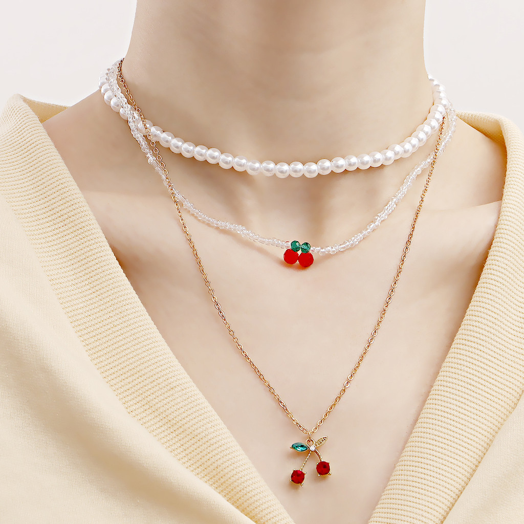 Europeu americano jóias moda duplo vermelho cereja pingente colar feminino imitação de pérola colar estilo colar