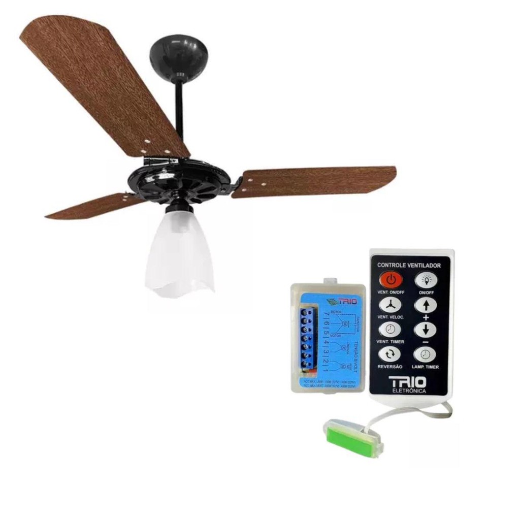 KIT COM VENTEX VENTILADOR TETO YRIS PRETO/MOGNO 220V (101) + CONTROLE REMOTO TRIO