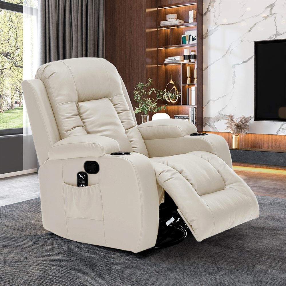 Poltrona do Papai Sala de Estar Giratória Reclinável Manual Austin Aquecimento Massagem PU Bege G94 - Gran Belo - Home & Living