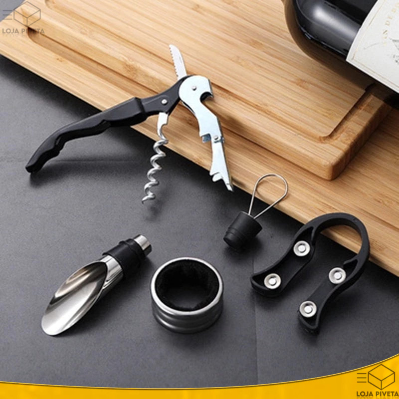 Kit Abridor de Vinho 5 Peças Inox - Saca Rolha, Dosador, Corta Lacre e Mais | Durável e Elegante em Oferta na Shopee