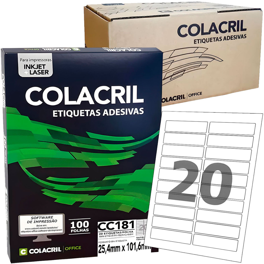 Etiqueta Adesiva Carta CC181 25,4 x 101,6mm Colacril 100 Folhas Impressora Inkjet Laser Branco