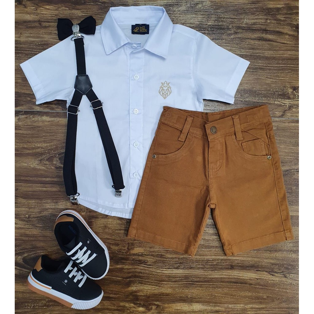 Conjunto Roupa Social Bermuda Camisa Suspensório Gravata Festa Casamento Pajem Formatura Batizado Infantil Menino