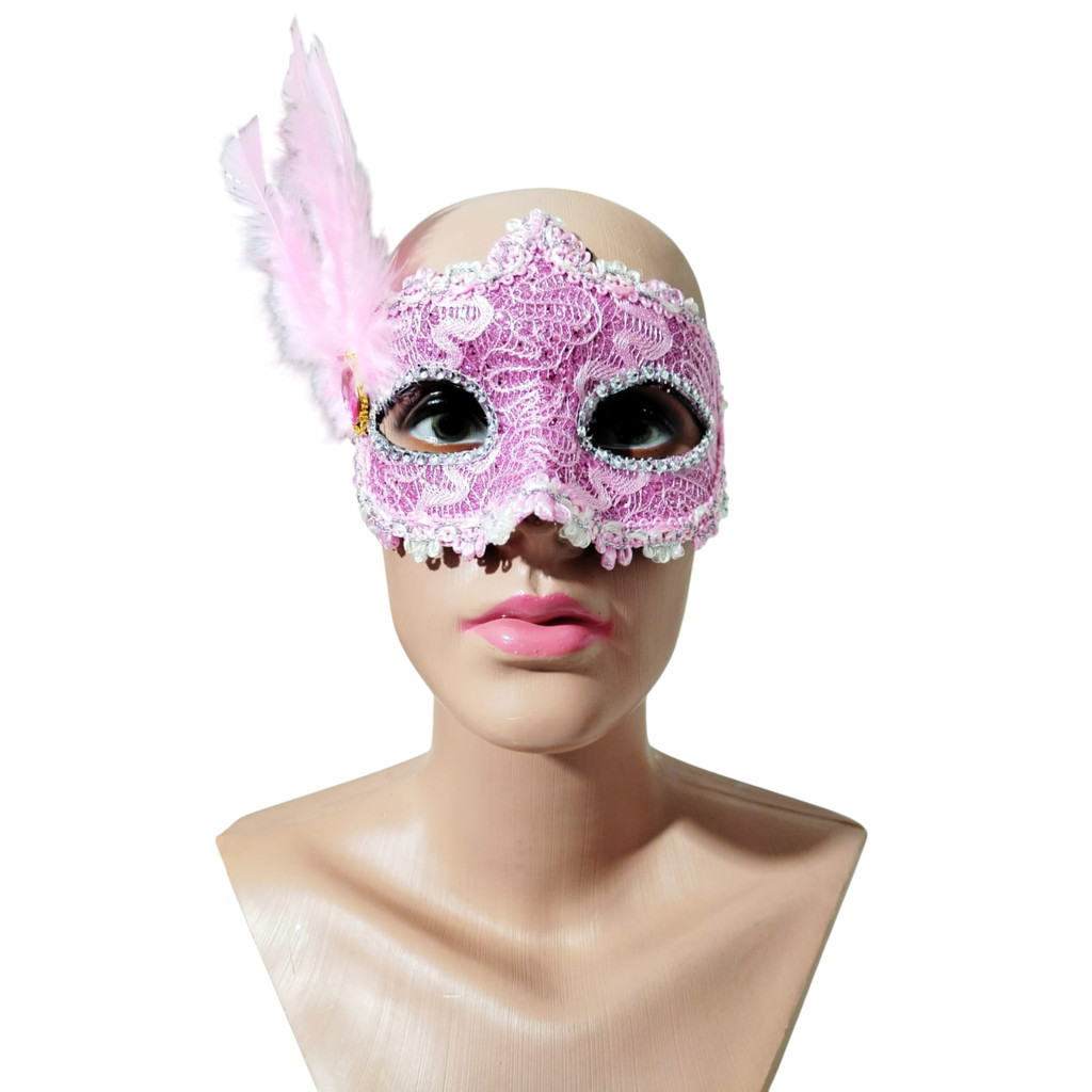 Máscara Veneziana Rosa com Pena Lateral para Fantasia de Carnaval Festa e Baile de Gala Swing