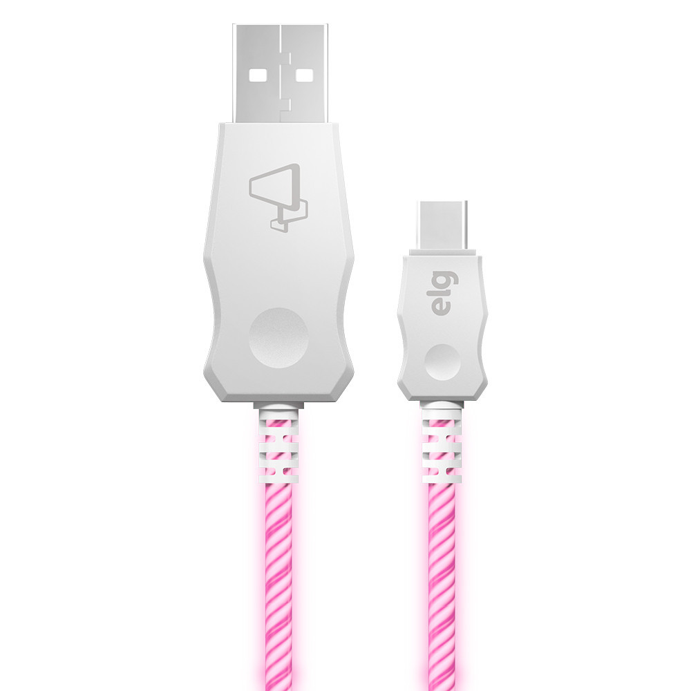 Cabo USB Tipo-C com LED Rosa, Sincronização e Recarga Rápida 15W 3A, 1 metro, LEDC10PK, ELG
