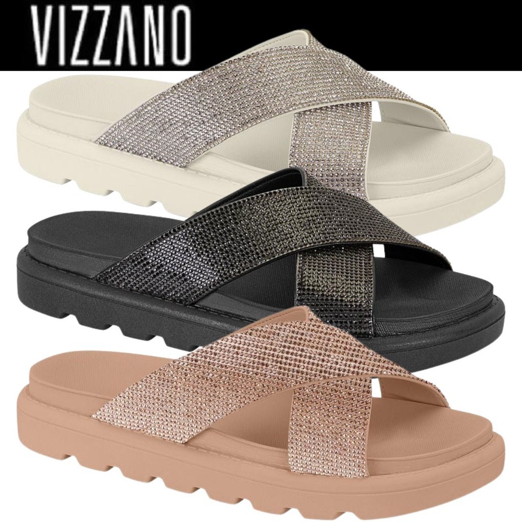 Sandália Feminina Vizzano Papete Tiras Cruzadas Strass Brilho Conforto