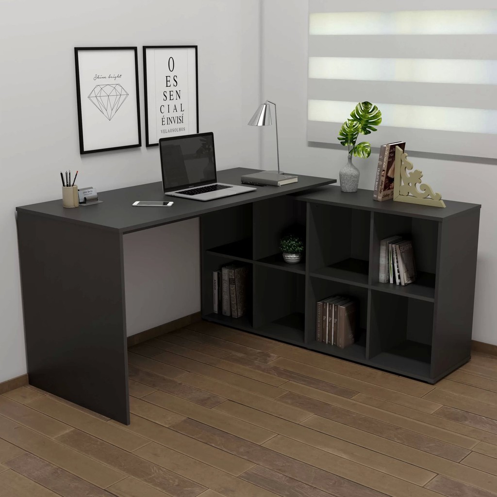 Escrivaninha Mesa Escritório Ergonômica e Atemporal em L com 8 Nichos para 135cm Armazenamento Nero Preto em Oferta na Shopee