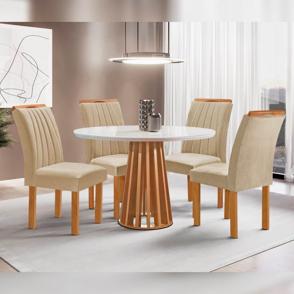 Conjunto Mesa Tampo Redondo Plus Vidro Kansas 100cm 4 Cadeiras Arizona Cinamomo/Off White/Linho