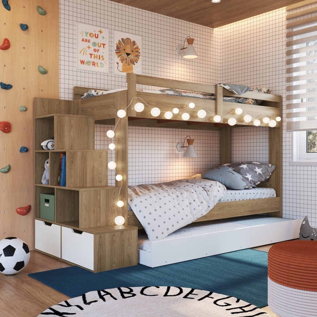 Treliche Infantil com Cama Auxiliar Escada Nichos e Gavetas Laterais Aveiro Oak/Branco em Oferta na Shopee