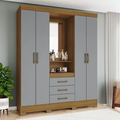 Guarda Roupa Casal 4 Portas 3 Gavetas Bhappy Espresso Móveis Cinza/Nature Nature/ Cinza