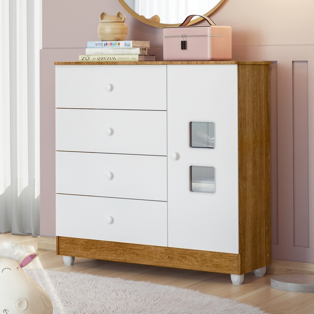 Cômoda de Bebê 100% MDF 1 Porta 4 Gavetas Life Branco/Madeirado Ypê em Oferta na Shopee