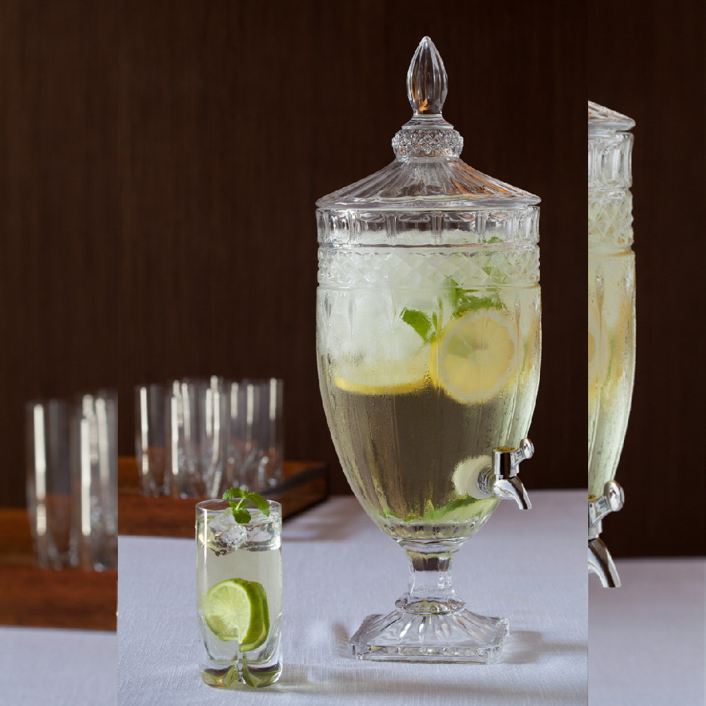 Suqueira 4L com Pé Wolff de Cristal Drink Festa Mesa Posta Dispenser e Tampa Brandon 4000ml Grande Alta Ponche com Torneira Dispenser