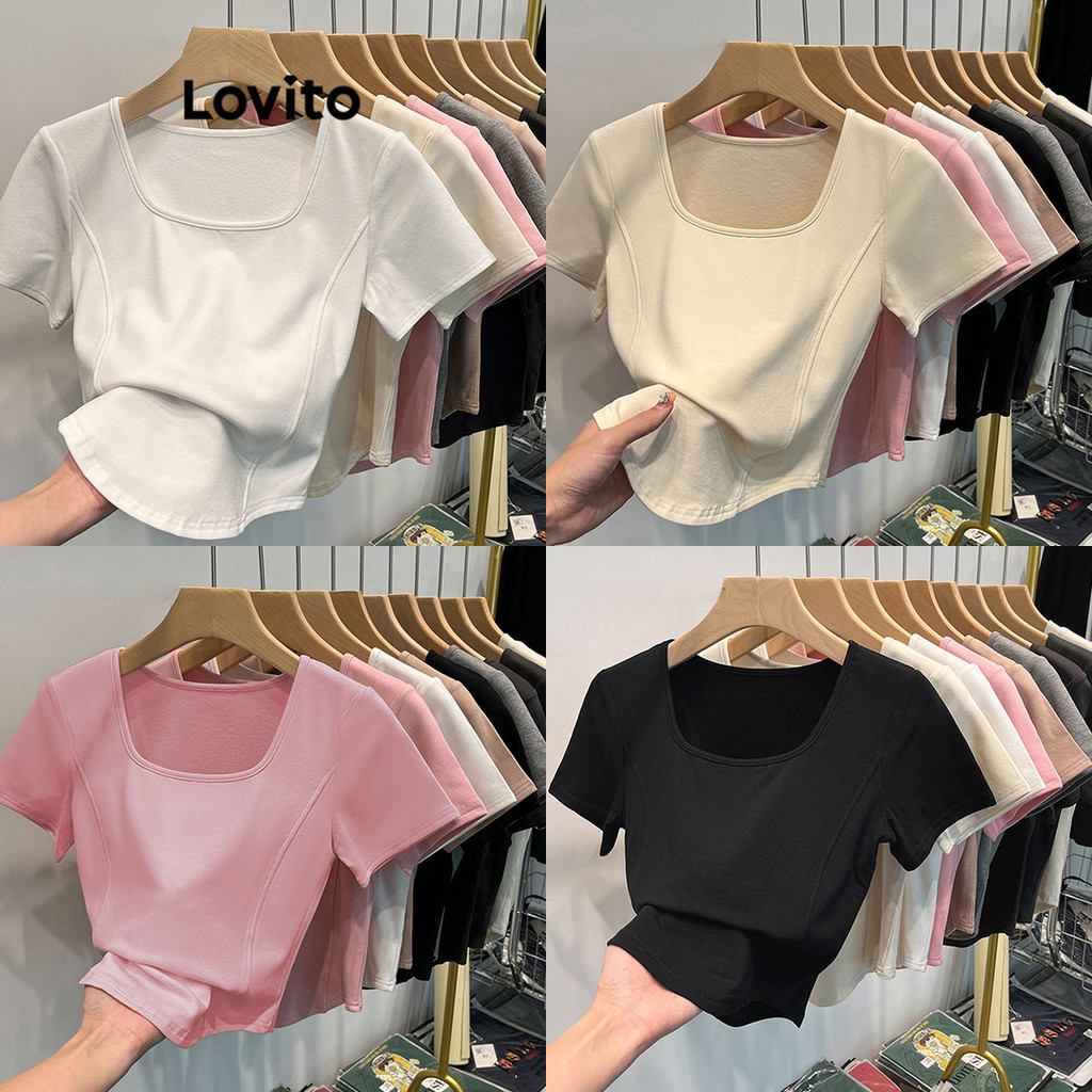 Lovito Casual Camiseta Feminina Lisa Alinhada LNE31215 (Cáqui/Branco/Preto)