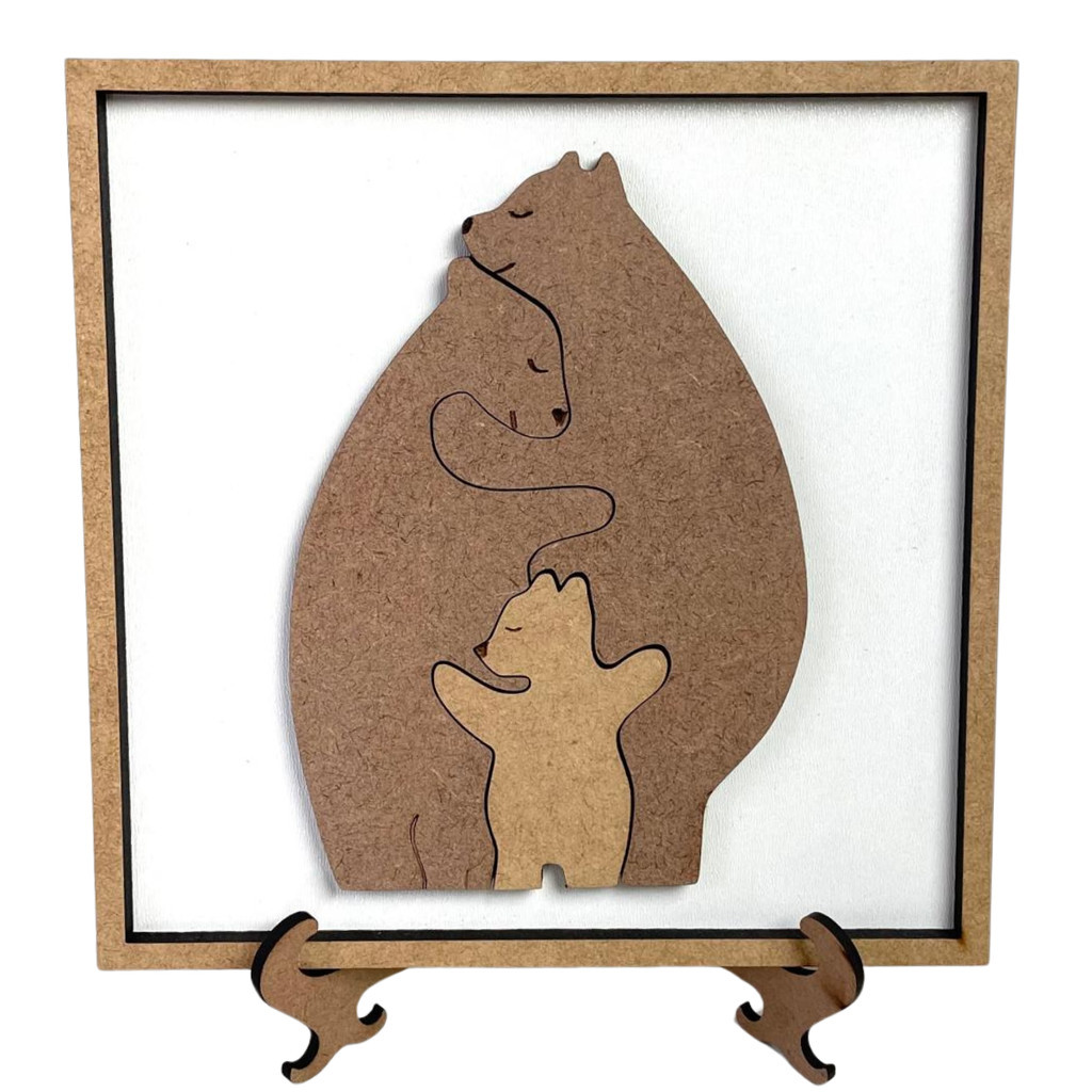 Quadro de Mdf Infantil com Suporte Decorativo Quebra-Cabeça Familia Urso 20x20cm