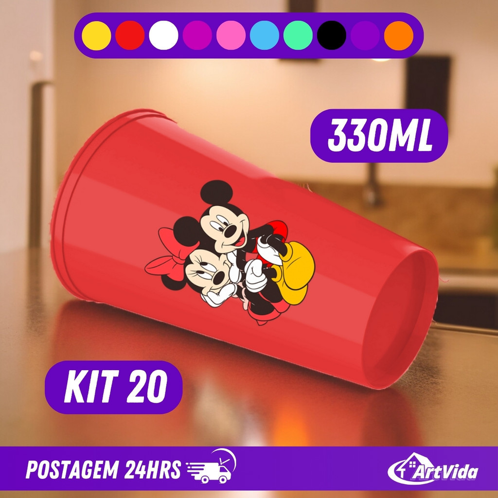 KIT 20 Copos Color Plástico 330ML Decorado Mickey Minnie, Festas, Eventos, Crianças - ArtVida
