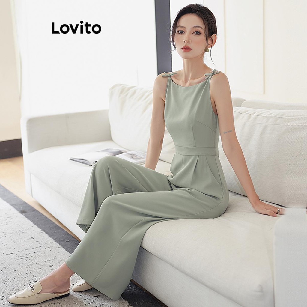 Detalhes do Lovito Casual Macacão Feminino Liso com Laço LNE56411