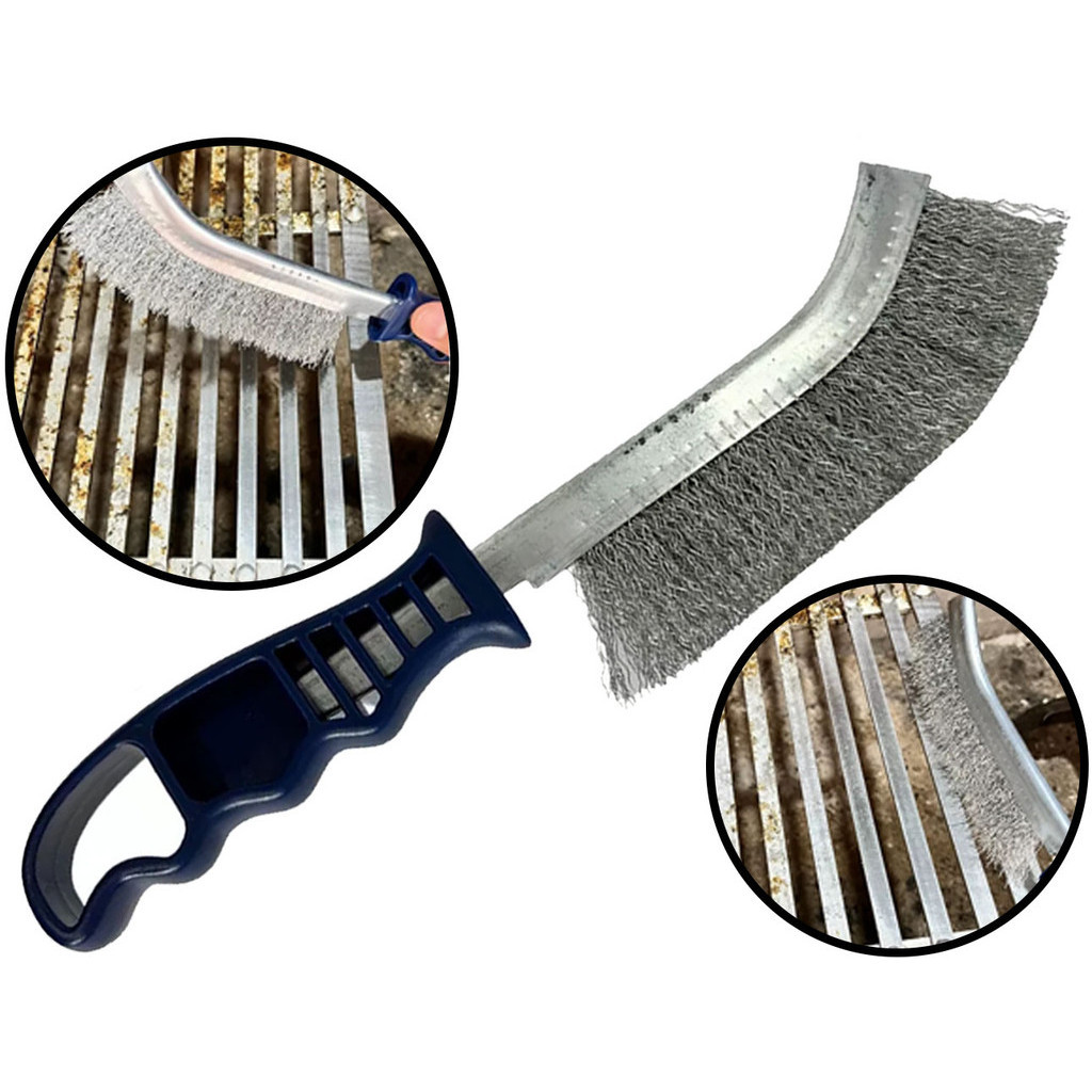 Escova Manual Com Cerdas De Aço Cabo Plástico Para Limpar Grelha Churrasqueira Tinta Ferrugem em Oferta na Shopee