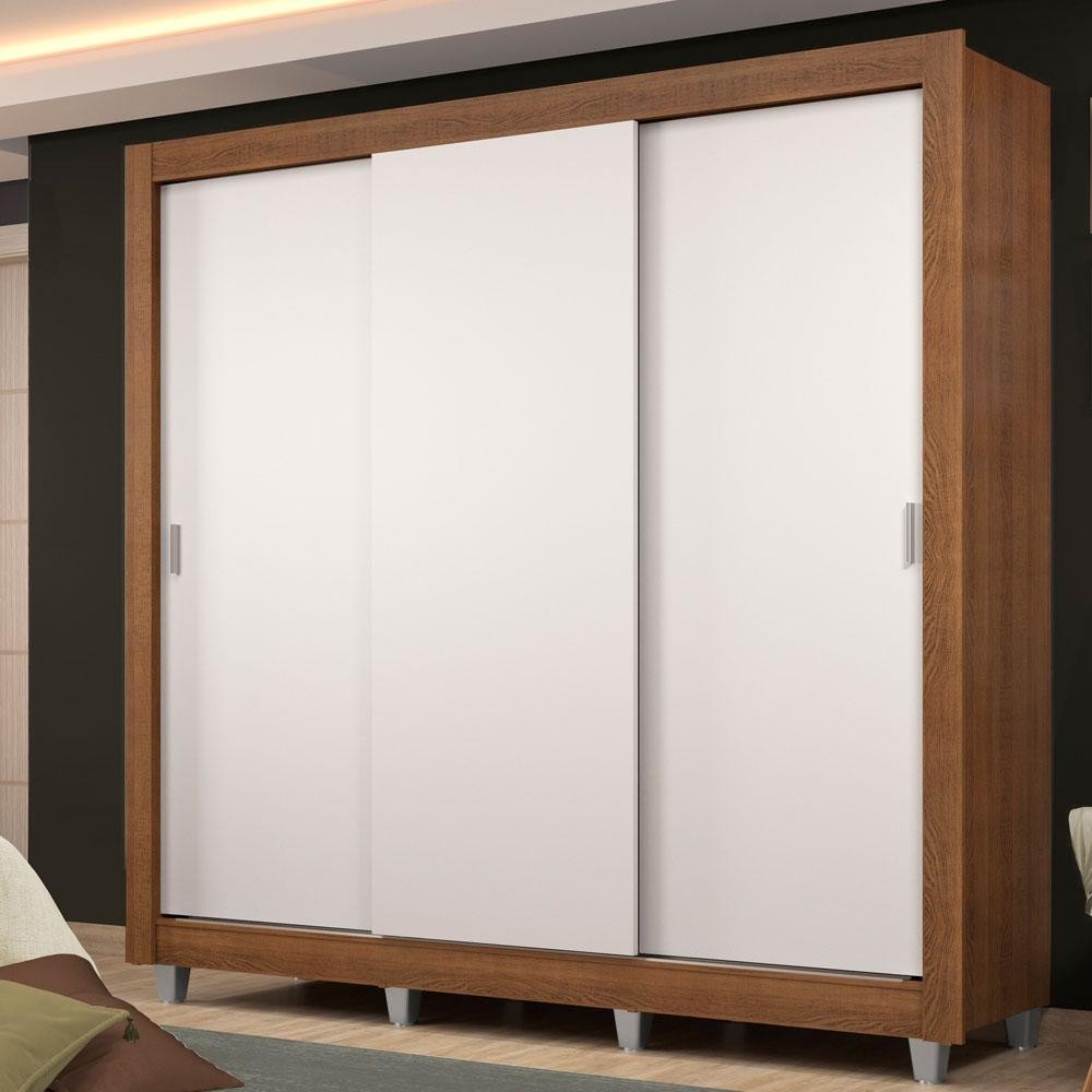 Guarda Roupa Casal Madesa Lyon Plus 3 Portas de Correr 4 Gavetas com Pés - Rustic/Branco