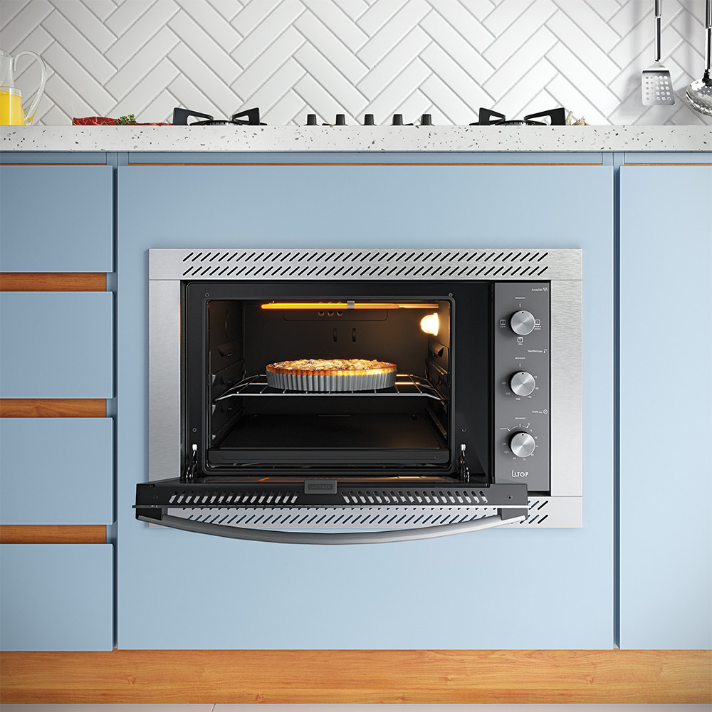 Detalhes do Forno Elétrico de Embutir 44 Litros Atlas U.Top com Limpa Fácil e Moldura em Aço Inox Prata 110V