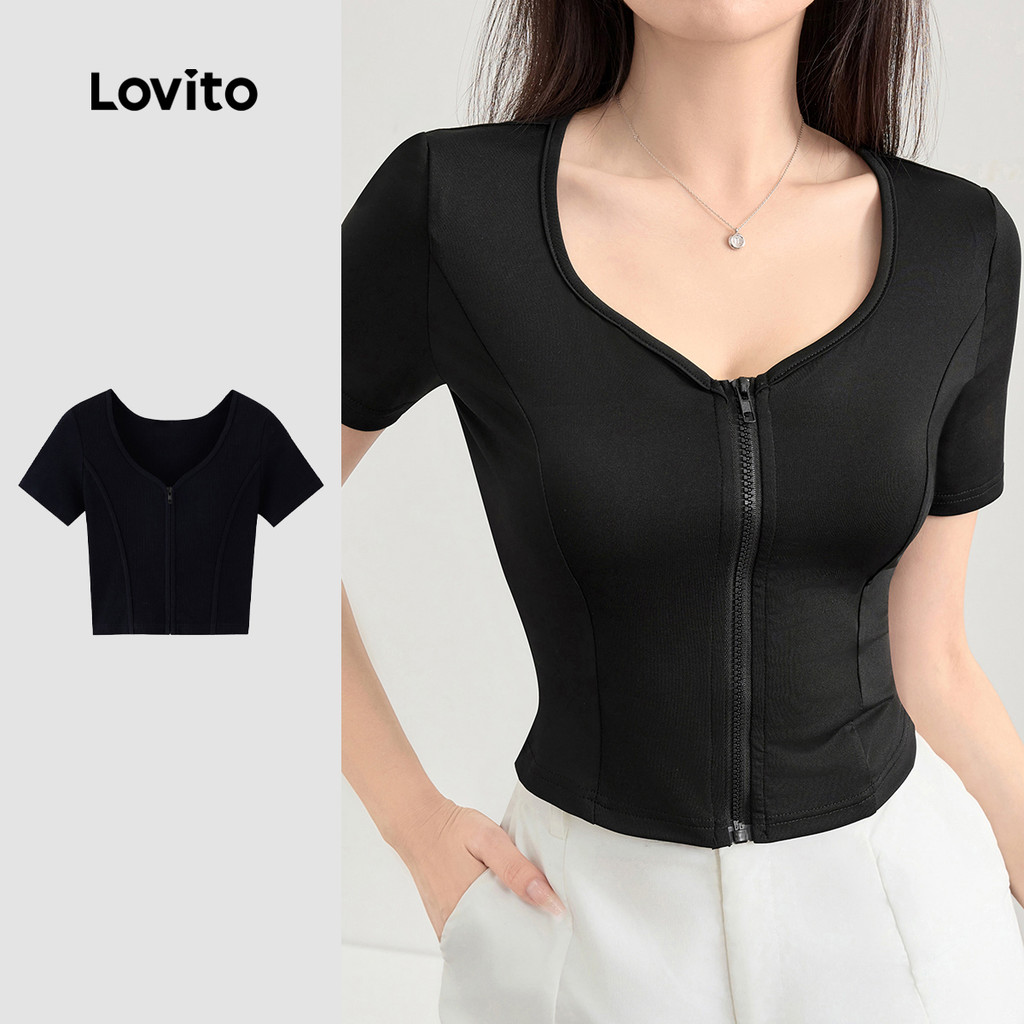 Lovito Camiseta casual lisa com zíper para mulheres L121AD1051