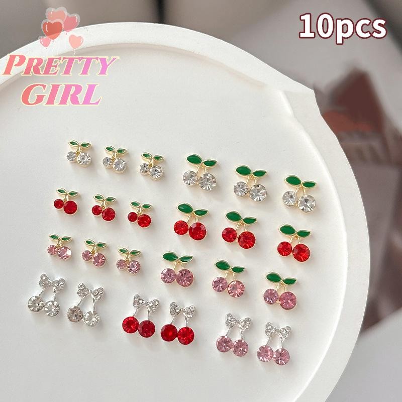 [Pretty ggirl] 10 Peças De Strass De Unha Cereja 3D Pingente De Joias De Cristal De Frutas Vermelhas Liga Y2K Para Mulhe