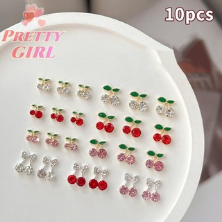 [Pretty ggirl] 10 Peças De Strass De Unha Cereja 3D Pingente De Joias De Cristal De Frutas Vermelhas Liga Y2K Para Mulhe