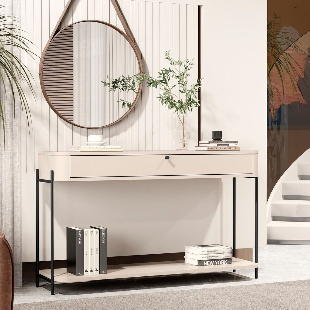 Aparador Curvo 1 Gaveta Pés e Puxador em Metal 121cm Tucupí Off White/Preto em Oferta na Shopee