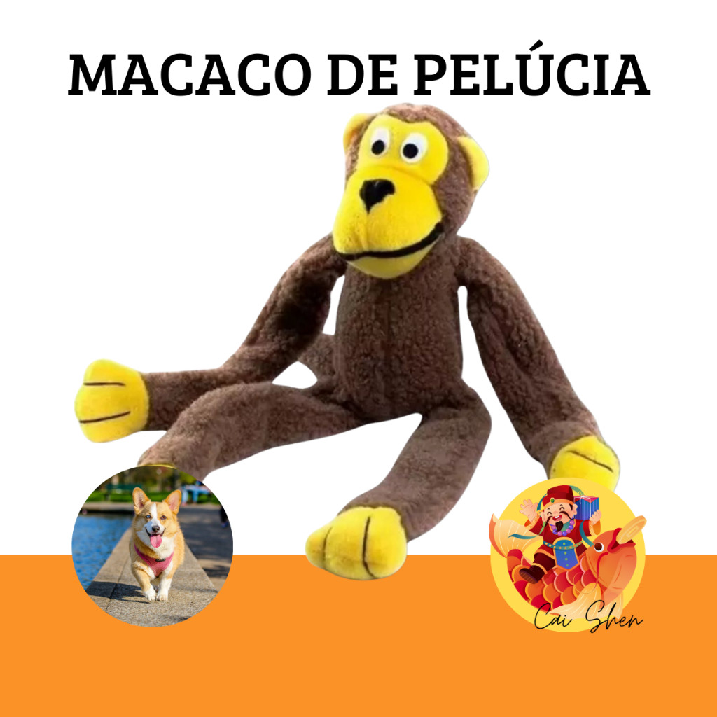 Macaco Caco de Pelúcia Brinquedo para Cachorro Pet Bichinho Mordedor Grande com Apito Som Interativo