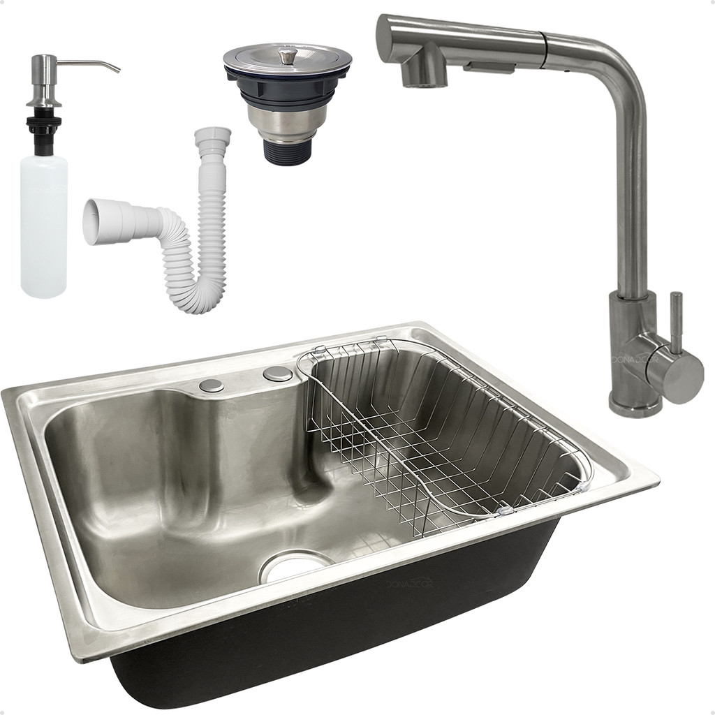 Kit Cozinha Gourmet Cuba Inox 304 60x42 Com Torneira Bica Alta 90° Dispenser 500ml Valvula E Sifão