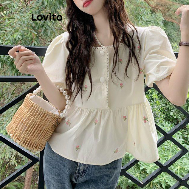 (Trendy) Lovito Blusa Fofa Ditsy Floral Botão Babado Bainha Babado Gola Manga Bufante Blusa Feminina L73AD004 - Women Clothes