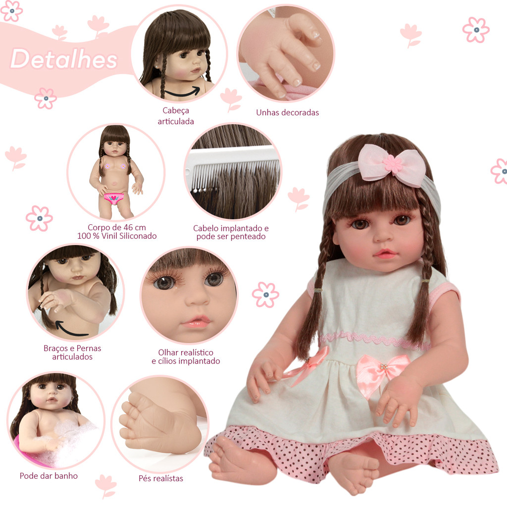 Boneca Bebê Reborn Menina Realista Cabelo Castanho + Itens — imagem 2 de 2