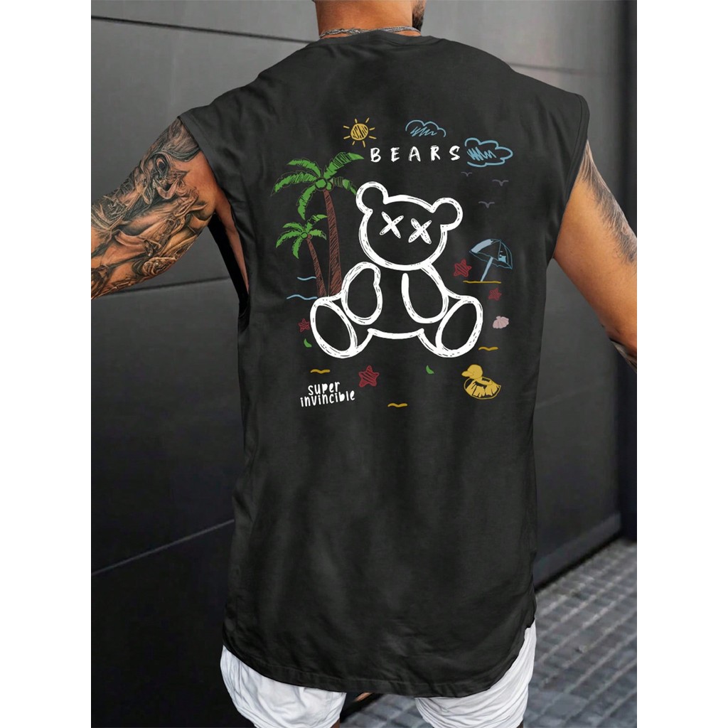 Camiseta Streetwear Regata Urso De Férias Camisa Oversized Masculina Estilo Verão Praia Summer Blusa Cavada Larga
